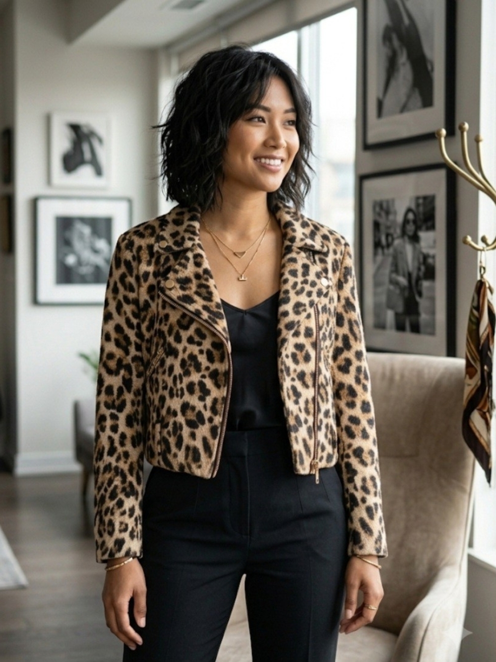 ZARA BASIC Leopard Print Cropped Moto Biker Jacket Size S